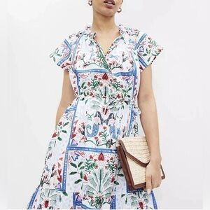 LOFT Mermaid Garden Tie Neck Midi Dress XXL Blue & White Majolica Print